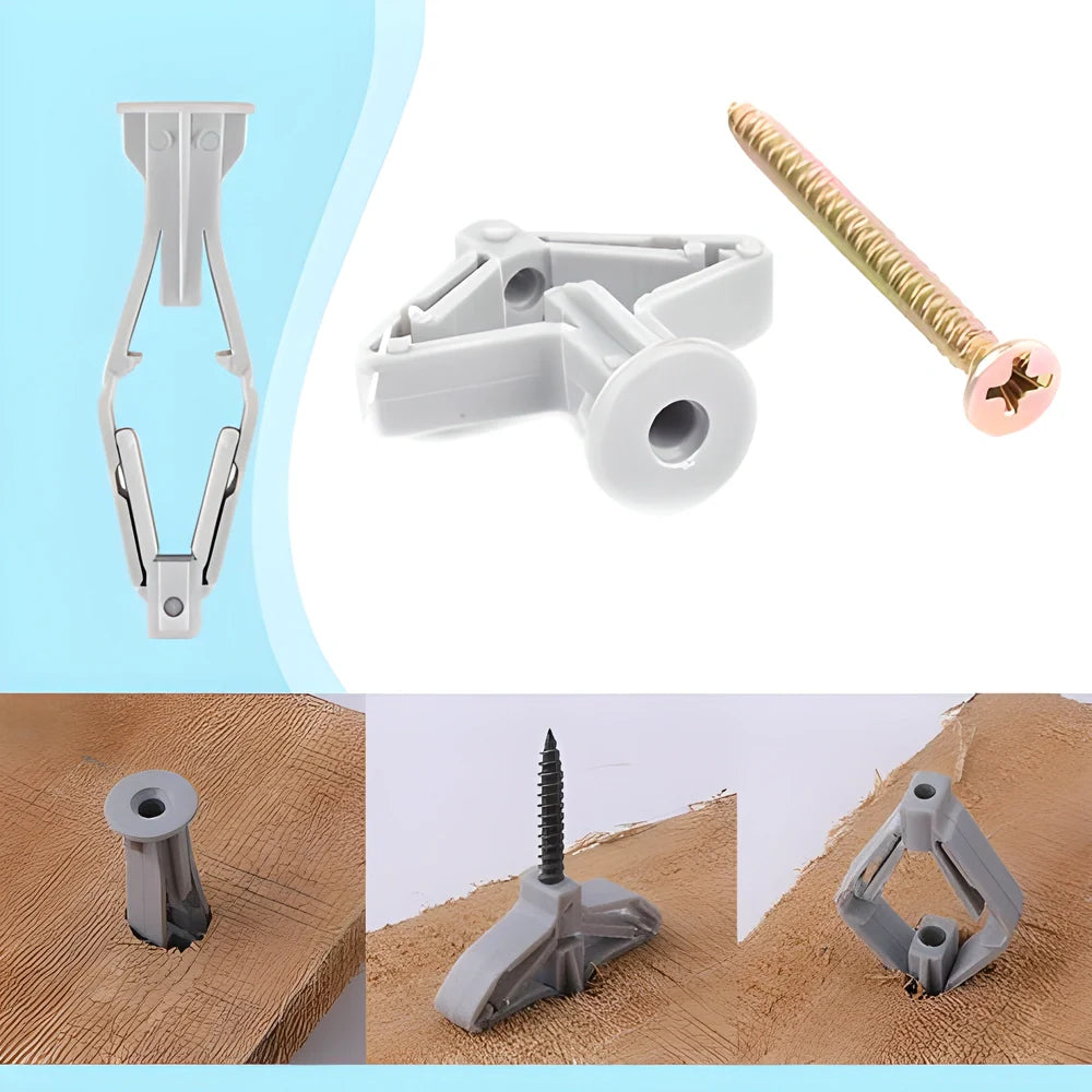 100 pieces of expandable wall anchors in white and grey colors, designed to provide a secure grip for hanging items on walls without causing damage