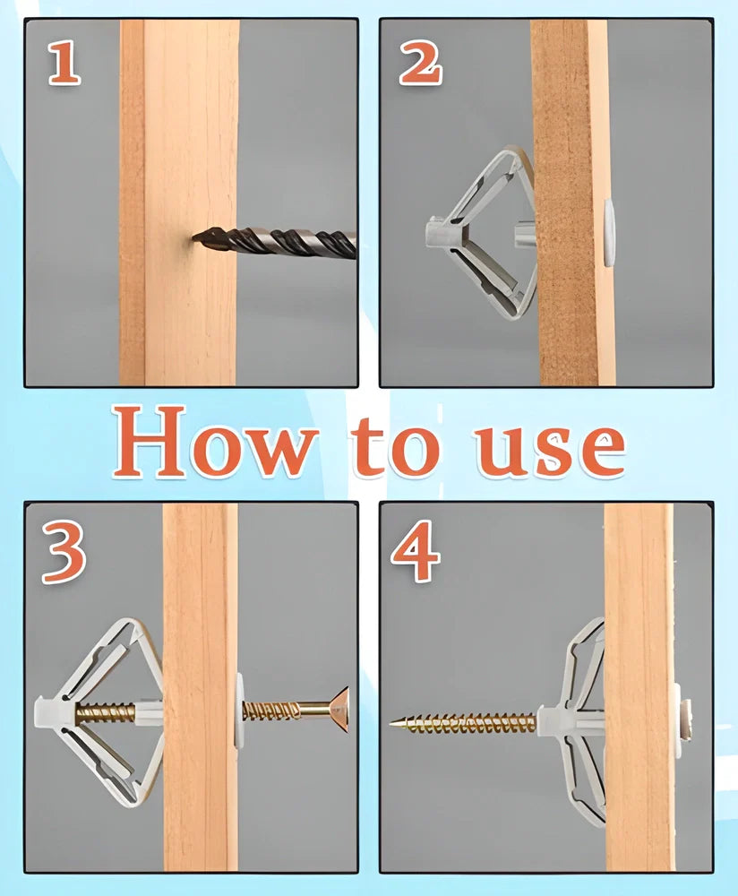 100 pieces of expandable wall anchors in white and grey colors, designed to provide a secure grip for hanging items on walls without causing damage