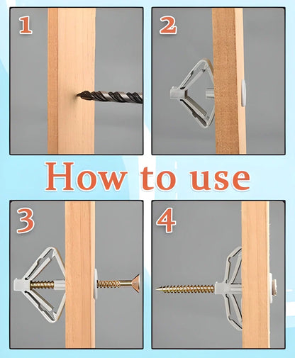 100 pieces of expandable wall anchors in white and grey colors, designed to provide a secure grip for hanging items on walls without causing damage