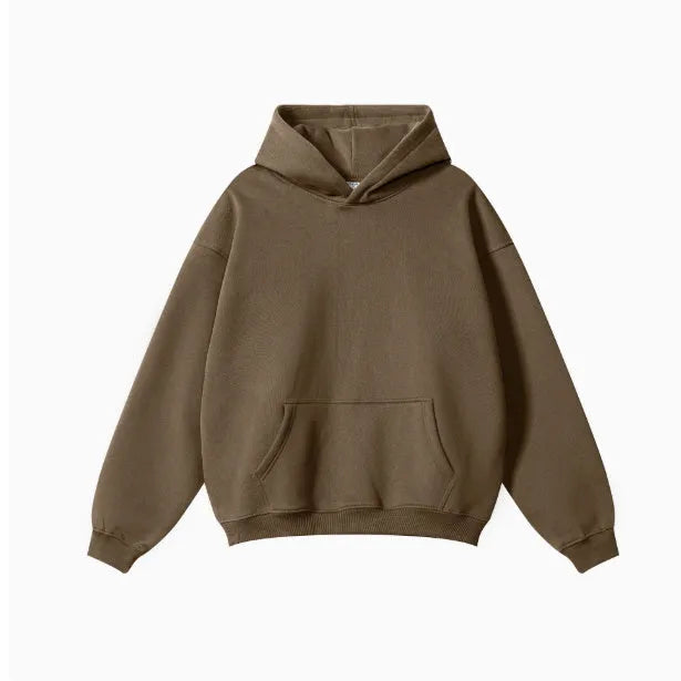 Men's grey terry hooded sweater with drop-shoulder sleeves and front pocket, showing textured cotton fabric