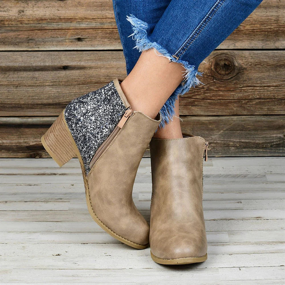 Women's thick heel sequin booties with side zip and square toe in black, khaki, and green