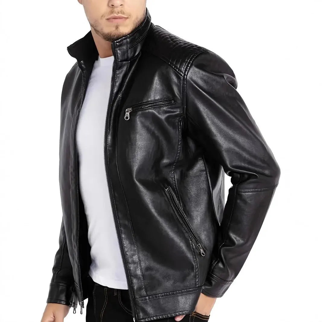 Men's brown artificial leather punk motorcycle jacket with a stand collar and straight hem on a hanger.