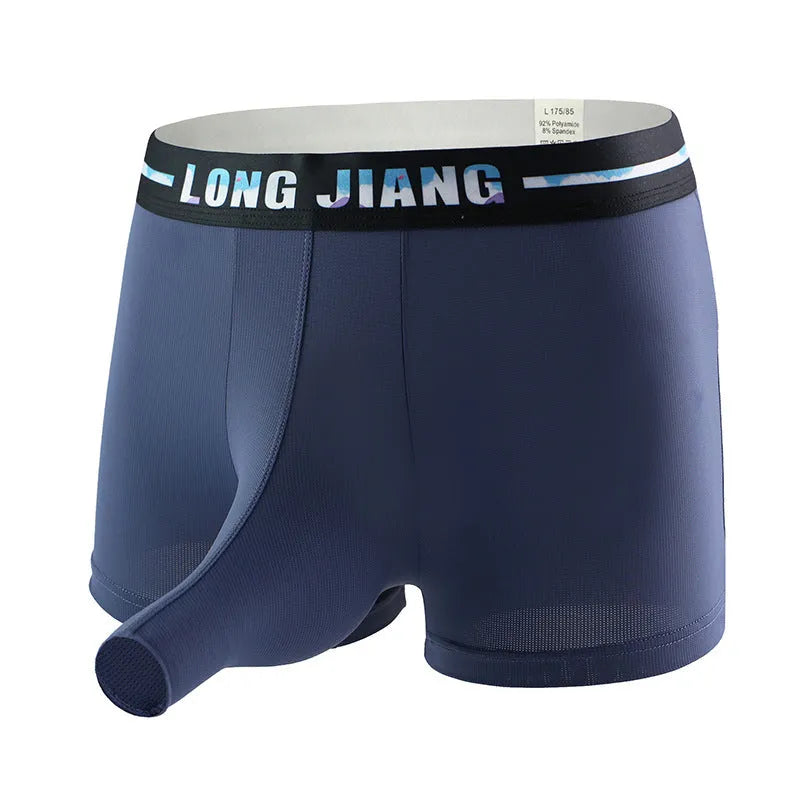 Men's grey blue ice silk trunk open boxers laid flat, showing mid-waist and knitted fabric texture.