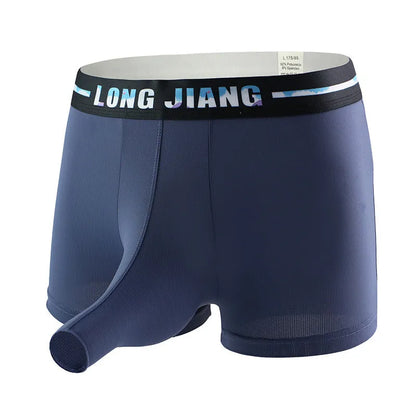 Men's grey blue ice silk trunk open boxers laid flat, showing mid-waist and knitted fabric texture.