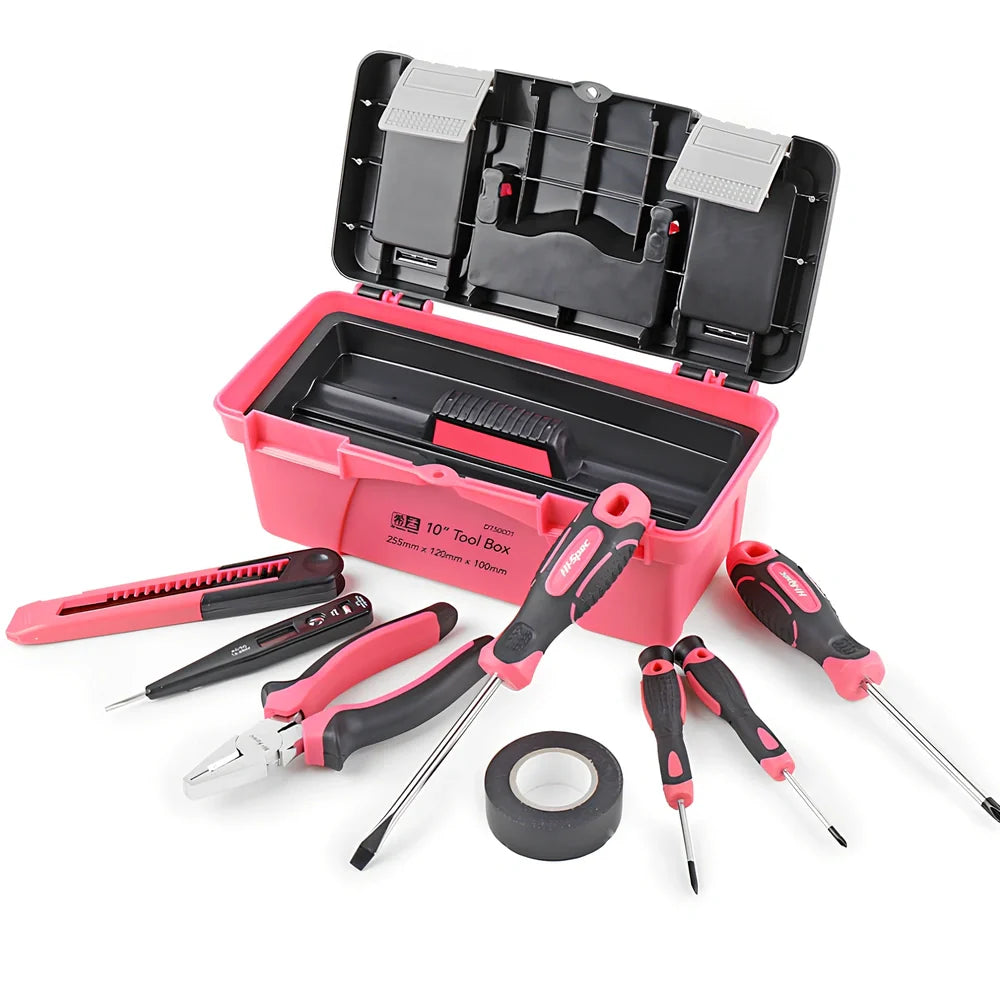 8-piece household tool kit with carbon steel tools in organised 10-inch toolbox including screwdrivers and test pencil