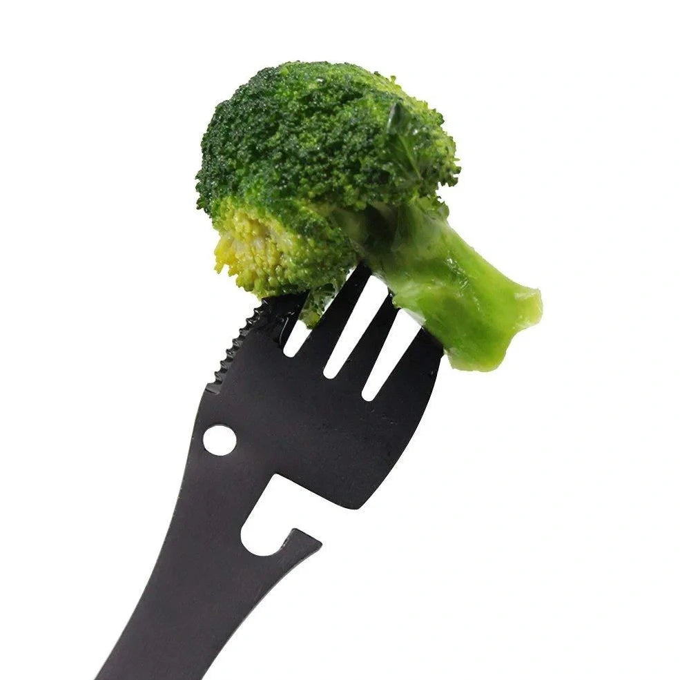 Silver stainless steel camping multitool with fork, spoon, serrated cutter, can opener, bottle opener, and keychain hole
