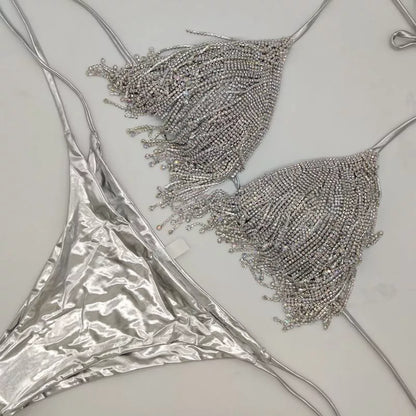 Diamond Flowing Bikini in gold and silver, perfect for summer beach outings