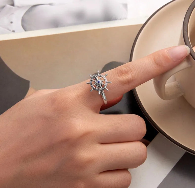 Silver rotatable rudder ring with inlaid zircon, open mouth size, colour SCR1141-E, women's retro style