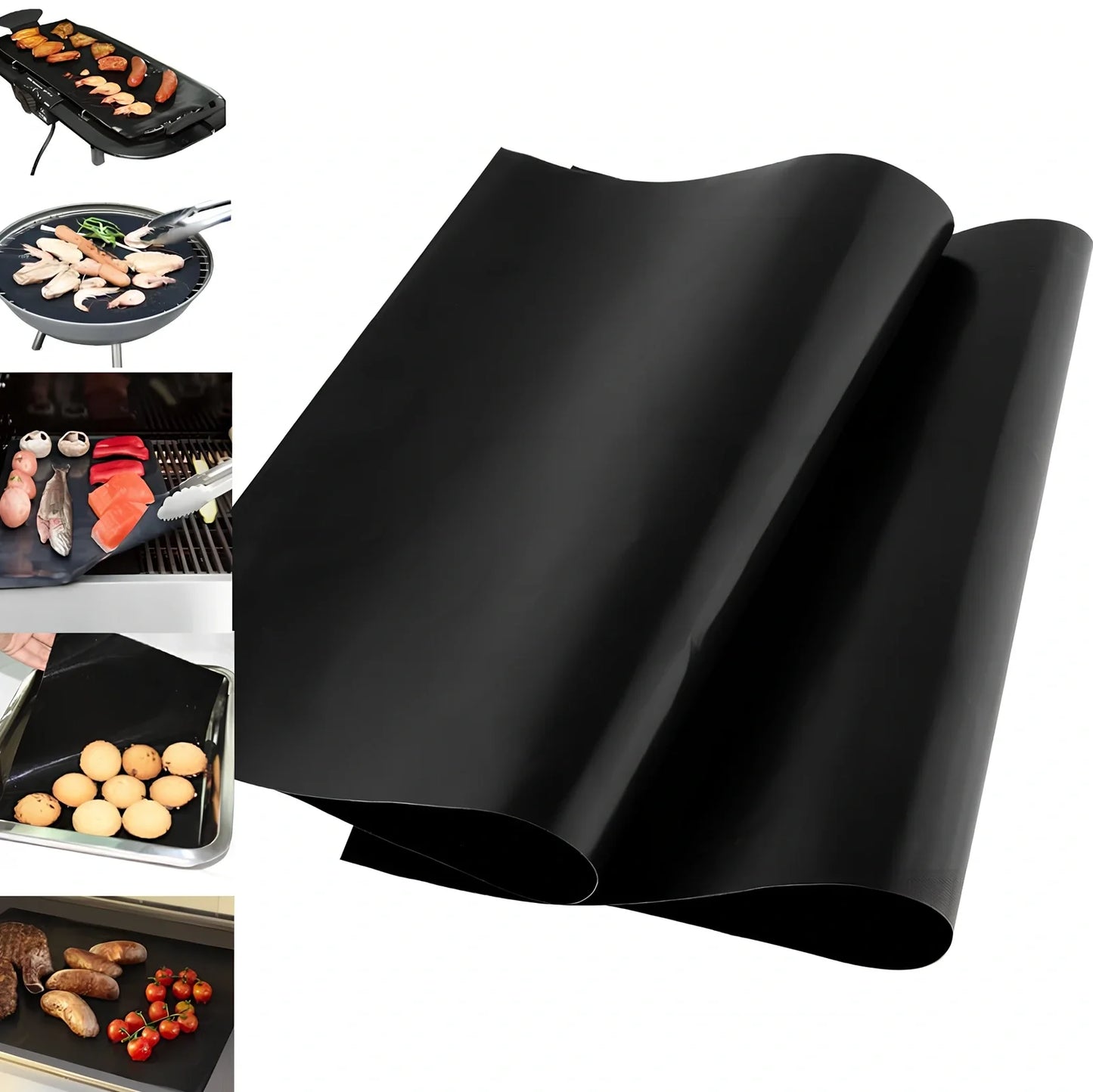 Black reusable non-stick BBQ grilling mat measuring 400x330mm with PTFE-coated fibreglass surface