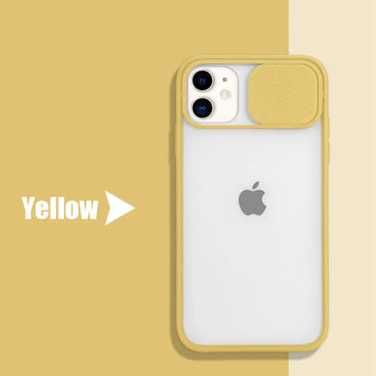 Slim silicone iPhone case with a frosted frame around the camera lens, shown in a choice of solid colours.
