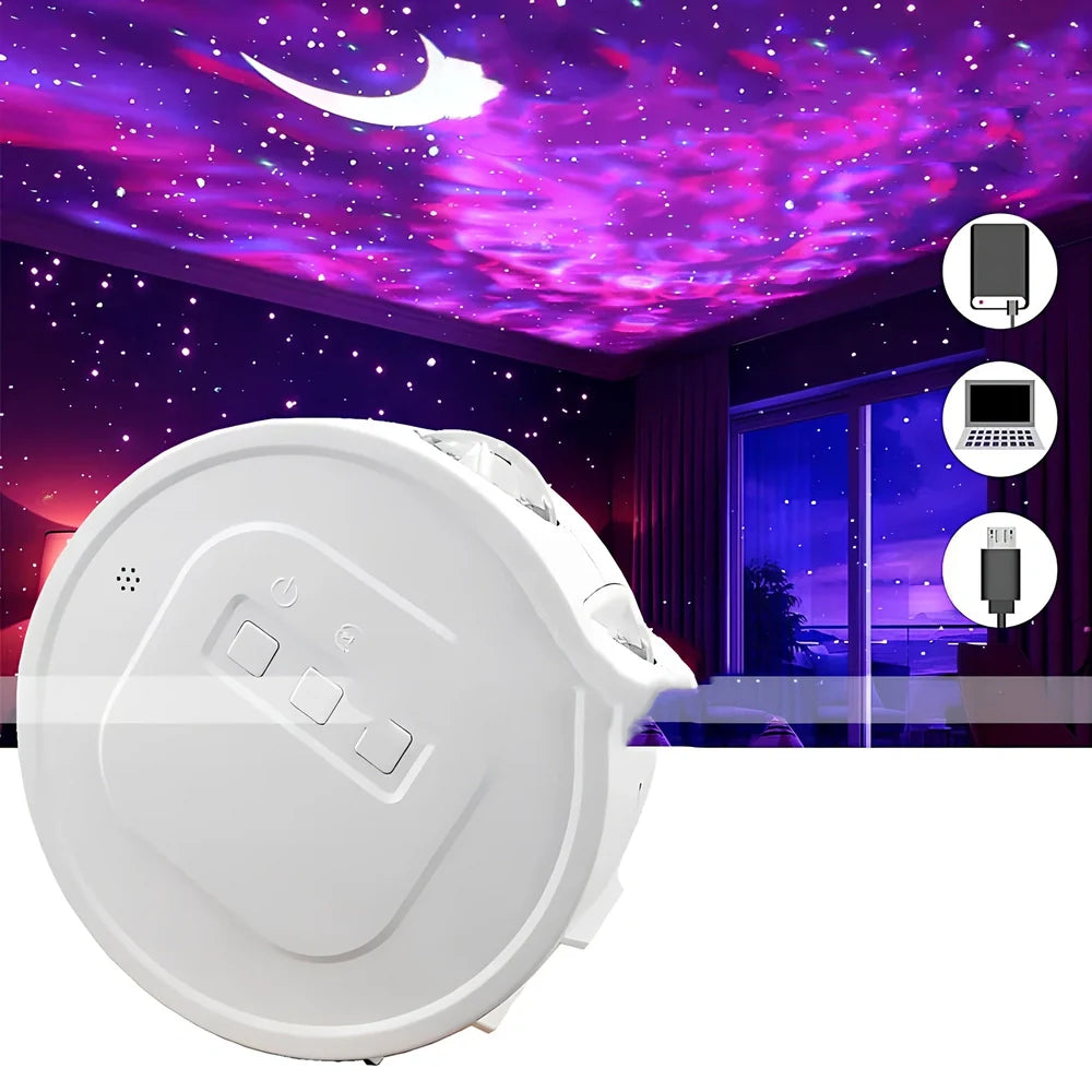 White Bluetooth starry sky projection lamp with remote control displaying nebula and wave light patterns