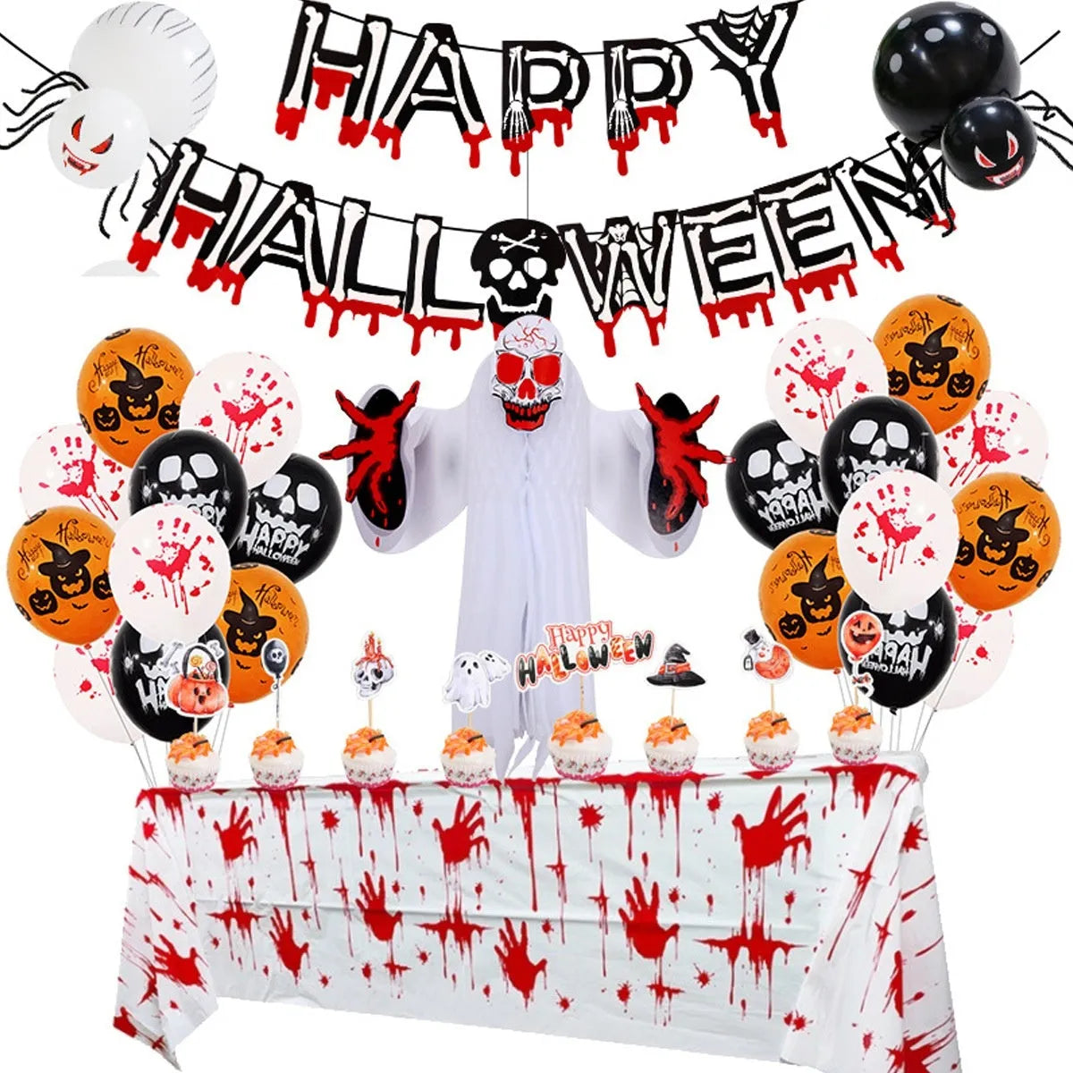 Halloween balloon combo set with spider balloon arch and white and black round latex balloons for party decorations