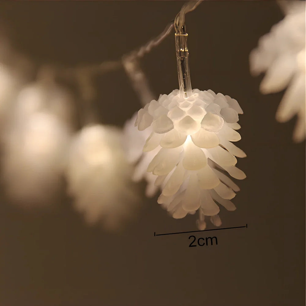 LED pine cone decorative light string with warm white illumination and battery operation