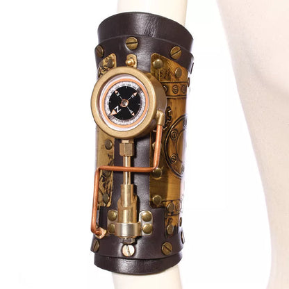 Steampunk compass bracelet with black PU leather strap and detailed metal compass