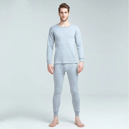 Men's plus velvet thick round neck thermal underwear set with long-sleeve pullover top and trousers in dark grey, light grey, black, or dark blue