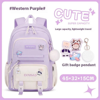 Pink waterproof Oxford cloth school backpack for girls with curved shoulder straps, shown with matching pencil case.