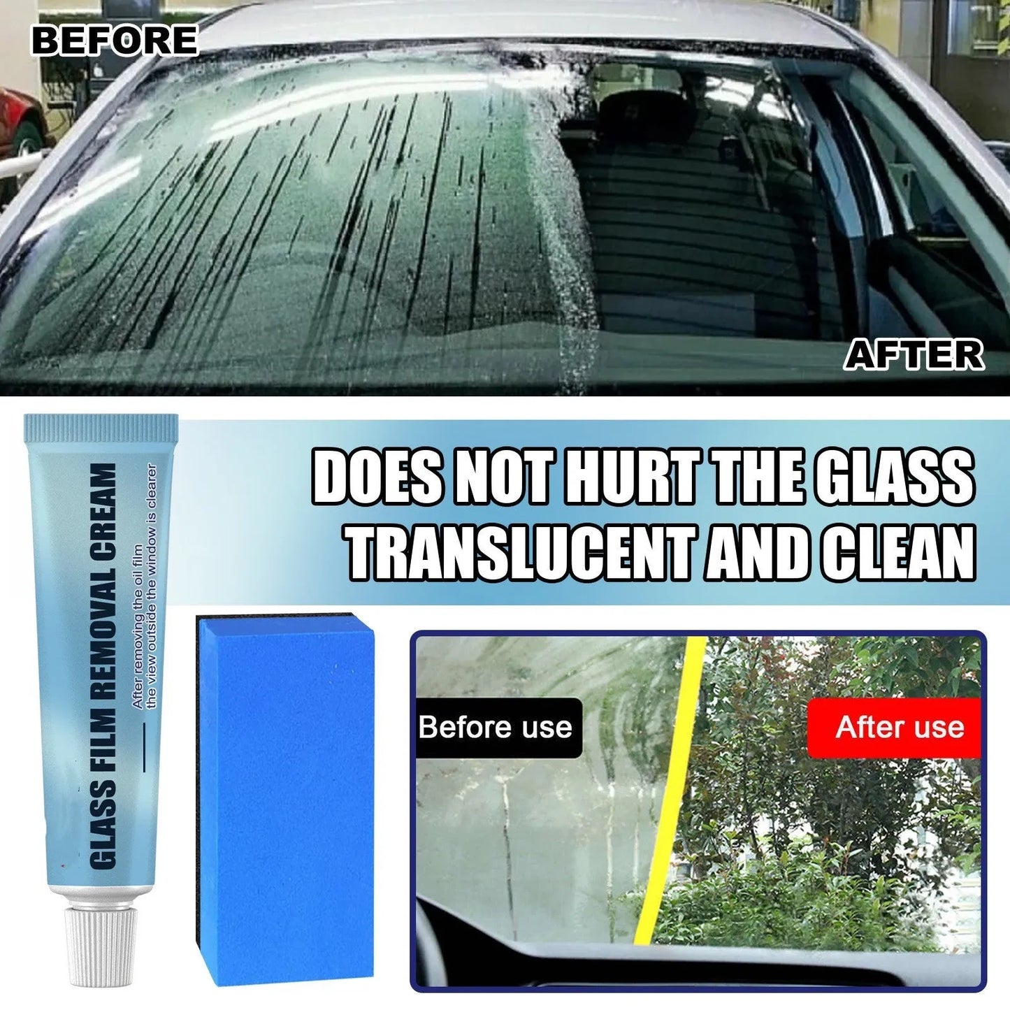 Blue car glass oil film remover bar and sponge brush for decontamination and hydrophobic treatment