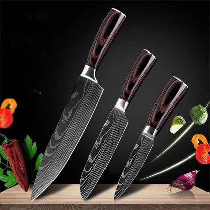 Premium 8-Piece Stainless Steel Chef Knife Set with Elegant Damascus Pattern Blades and Ergonomic Handles