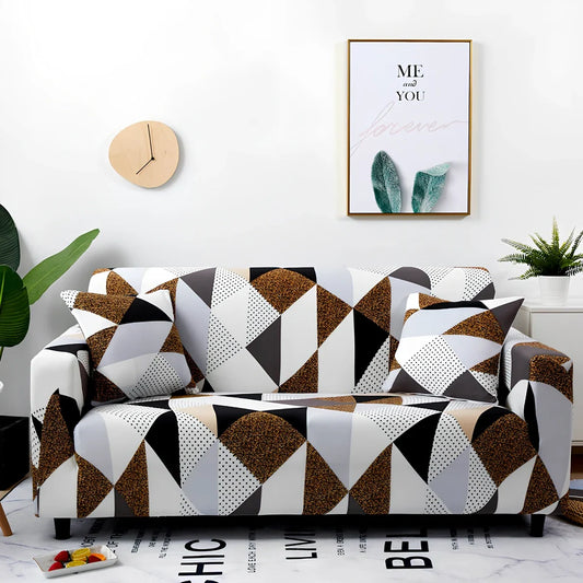 Elastic sofa cover with stripe pattern stretched over 3-seat sofa in living room setting