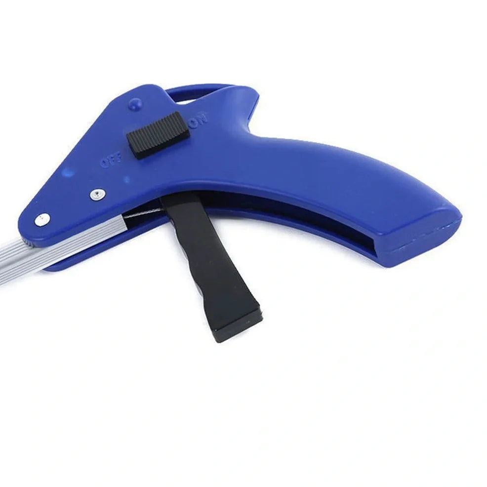 Blue aluminium folding grabber tool extended to 81cm with 8cm jaw opening showing rubber chuck