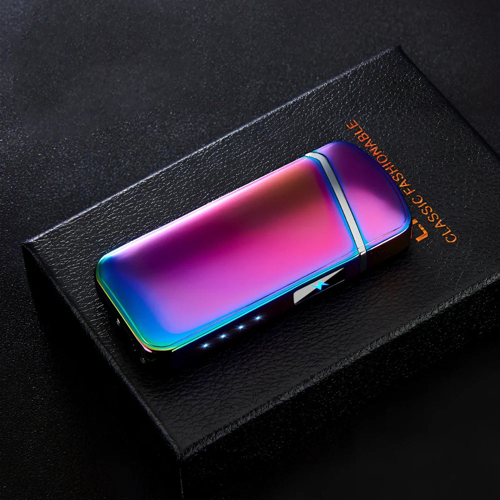 Zinc alloy charging lighter in black brushed finish, 80x35x13 mm with windproof arc and USB port