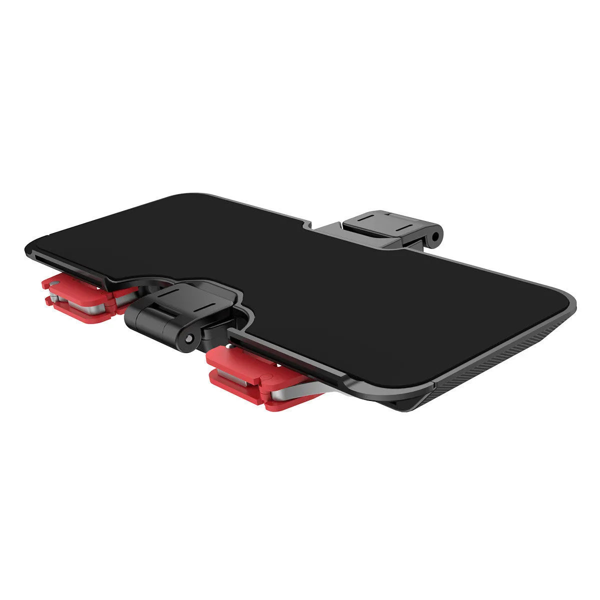 Black mobile gaming phone bracket with an adjustable trigger button and telescopic fixing clip extended.