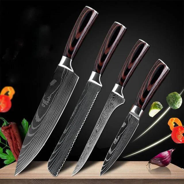 Premium 8-Piece Stainless Steel Chef Knife Set with Elegant Damascus Pattern Blades and Ergonomic Handles