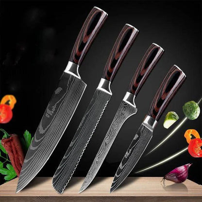Premium 8-Piece Stainless Steel Chef Knife Set with Elegant Damascus Pattern Blades and Ergonomic Handles