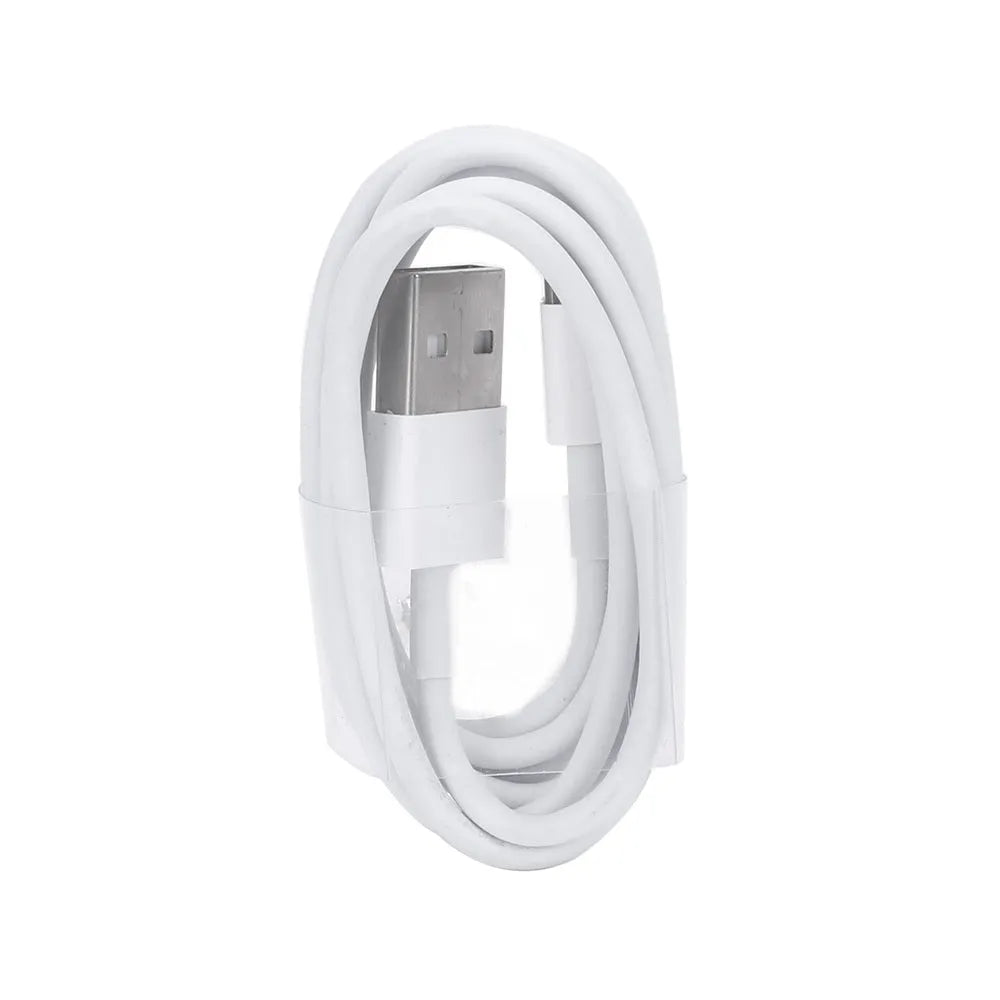 White USB wall charger with UK plug and a white Lightning cable for iPhone and iPad charging
