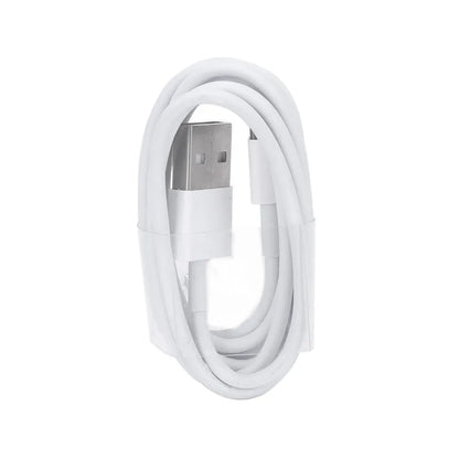 White USB wall charger with UK plug and a white Lightning cable for iPhone and iPad charging