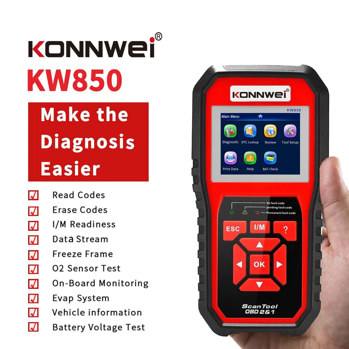 KW850 OBD2 CAN BUS code reader with TFT colour display and One-Click I/M Readiness key