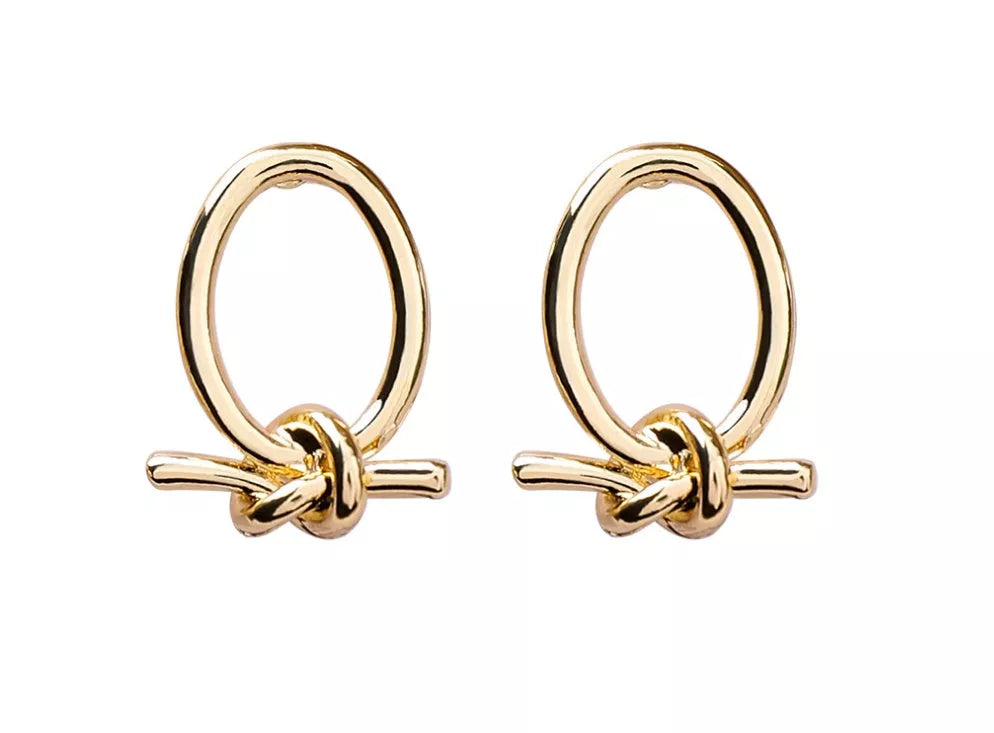 Gold alloy stud earrings with oval knotted design