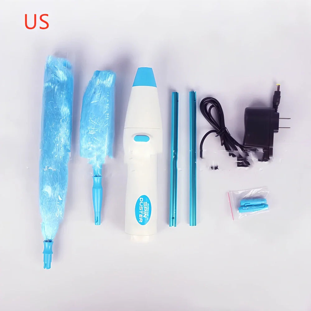 Motorised hand duster with electrostatic bristles cleaning ceiling fan blades