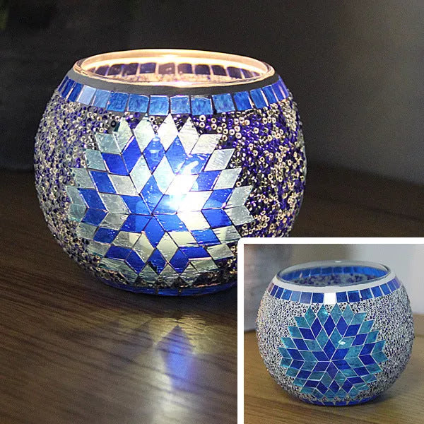 Mosaic glass candle holder in vibrant colors with elegant mosaic pattern