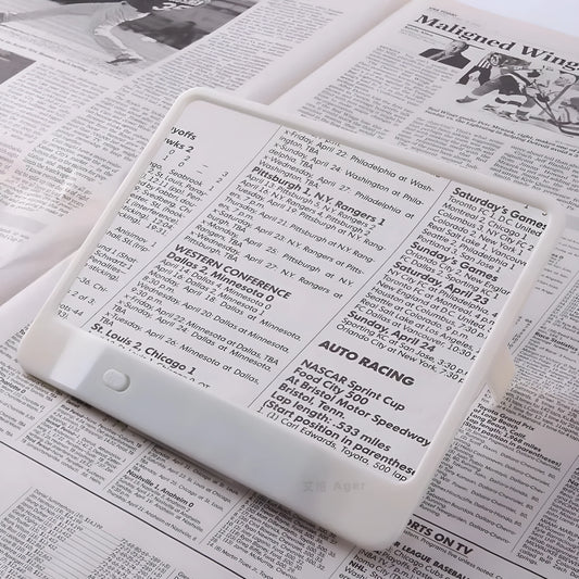 180x140mm magnifying glass with LED reading light showing 3x magnification and desktop/handheld design