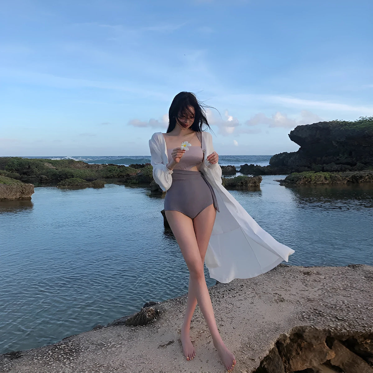 One-piece swimsuit with chest pad, polyester, tight-fitting solid colour colour-matching swimwear in M L XL