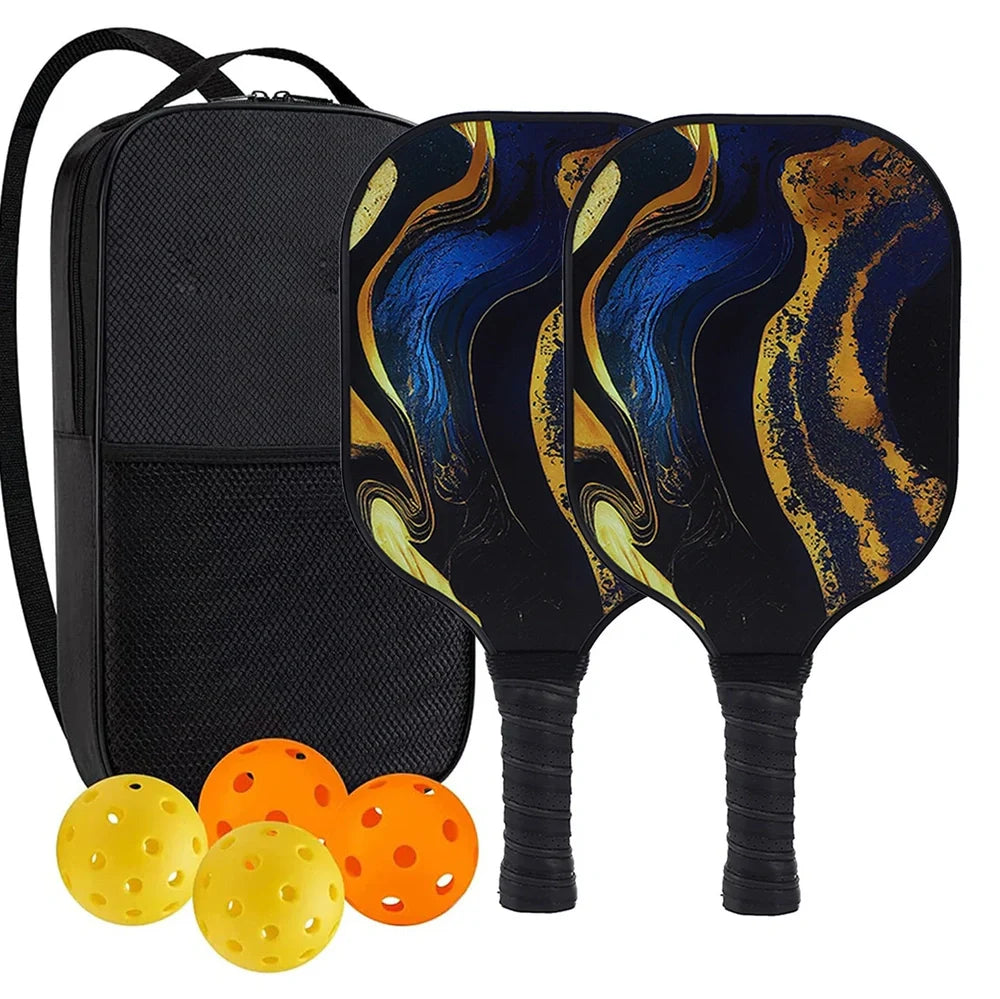 Peak Racket fibreglass squash set showing two rackets and four balls for complete playing equipment