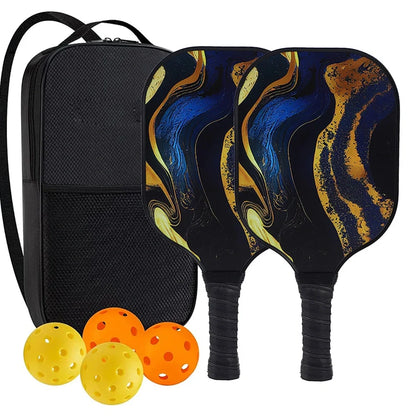 Peak Racket fibreglass squash set showing two rackets and four balls for complete playing equipment