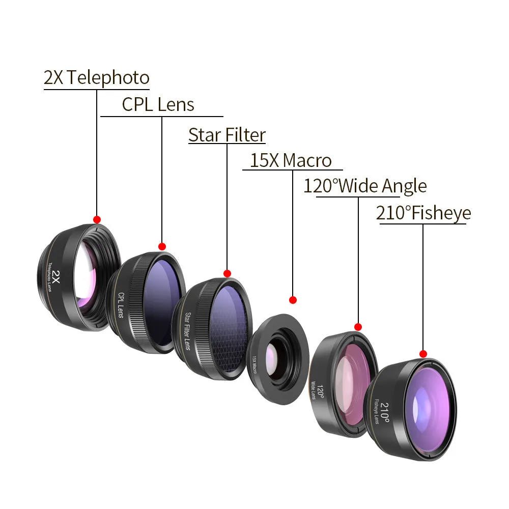 Six smartphone camera lenses including fisheye, macro, telephoto, wide-angle, CPL and star filters with aluminium housings