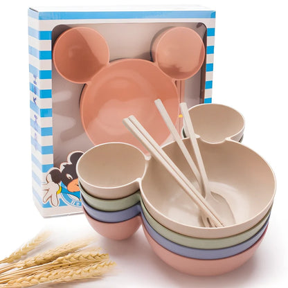 Mickey cartoon wheat straw children's bowl set with pink 21.5 cm bowl, spoon, fork, chopsticks - BPA-free biodegradable kids meal kit