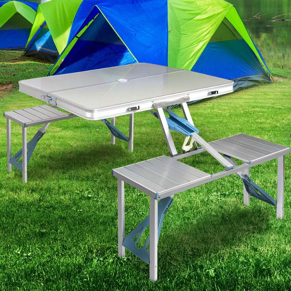 Aluminum alloy folding table and chair set in silver gray and blue, perfect for outdoor use
