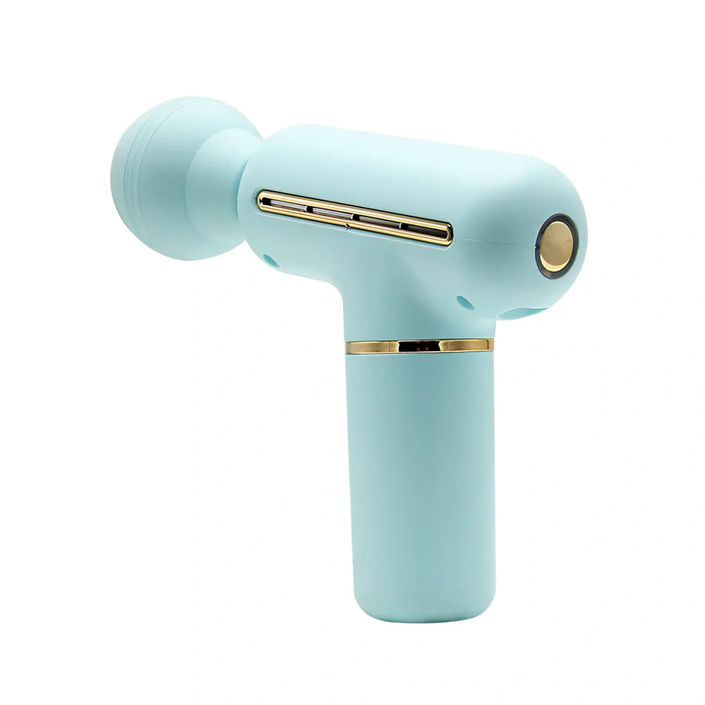 Green portable massage gun showing 20cm length with USB charging port and intensity controls