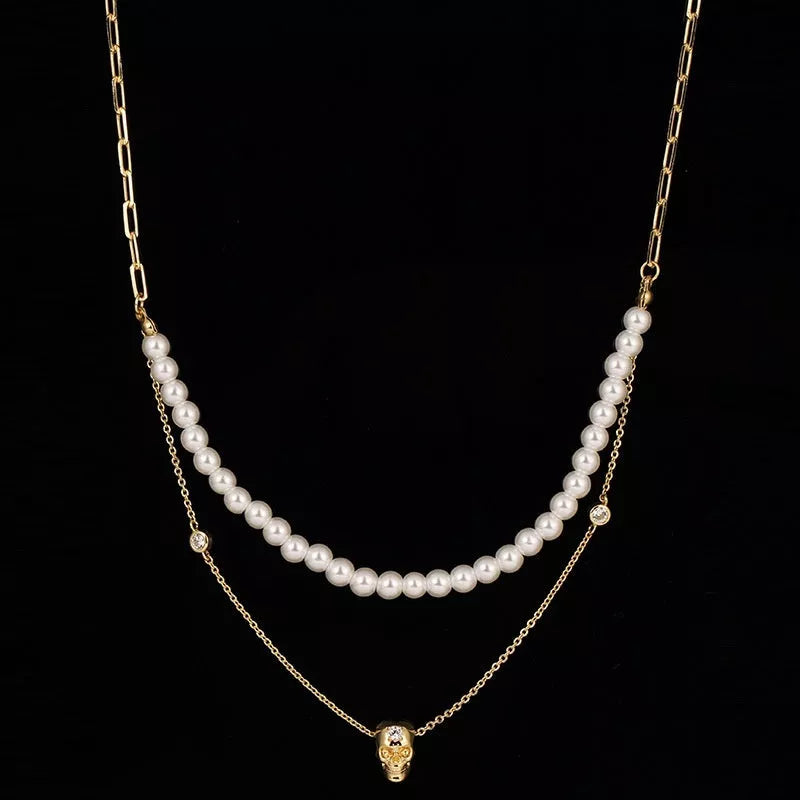 Punk style Y-shaped necklace with zirconium skull pendant and mixed gem inlaid