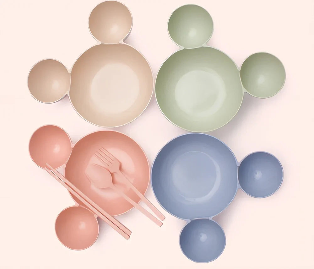 Mickey cartoon wheat straw children's bowl set with pink 21.5 cm bowl, spoon, fork, chopsticks - BPA-free biodegradable kids meal kit