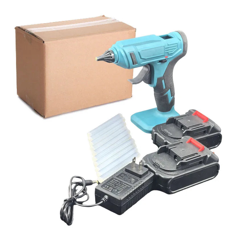 Cordless hot melt glue gun with bare metal body, two lithium batteries, charger, and pack of 11mm glue sticks.