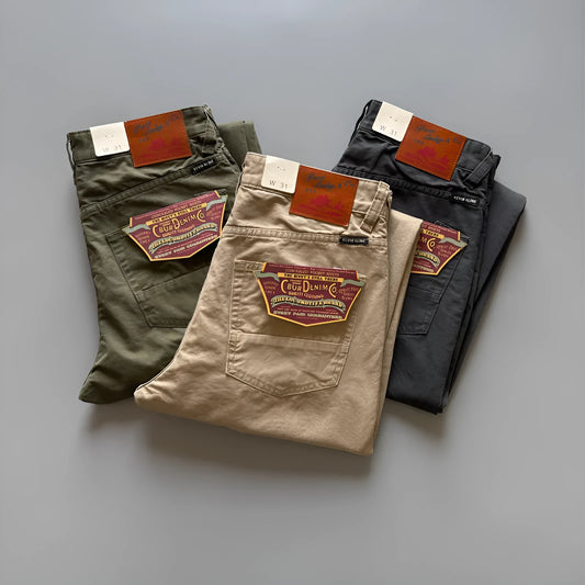 Men's straight leg casual cotton trousers in grey colour showing mid-waist fit and straight silhouette