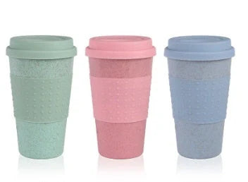 Eco-friendly wheat straw coffee cup with lid in green, pink, and blue