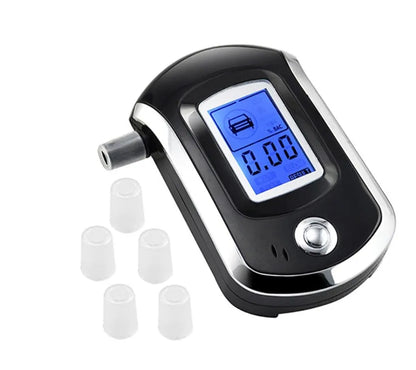 Black portable breath alcohol tester with LCD display and separate mouthpieces on a white background.
