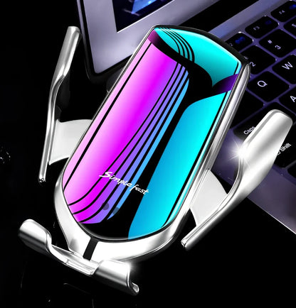 Black car wireless charger phone holder with suction cup mount and 360-degree rotation on a dashboard