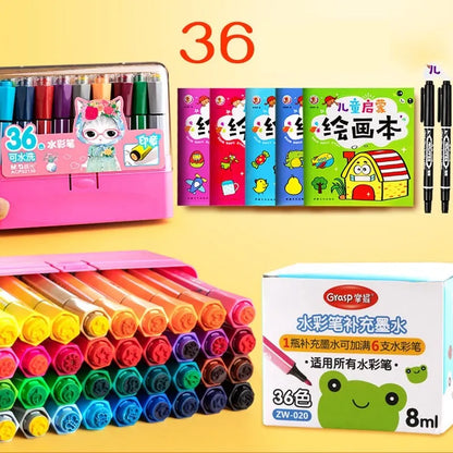 Set of washable painting brushes with hexagonal blue, pink, and yellow handles.